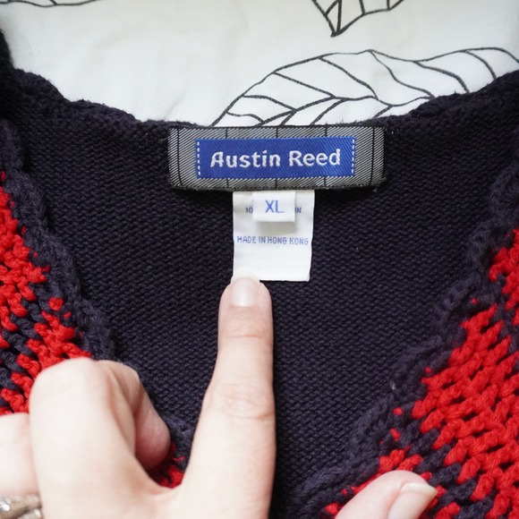 VTG Austin Reed‎ Red Navy Blue Chevron Open Knit Tank Top XL Sleeveless Boho - Picture 5 of 8